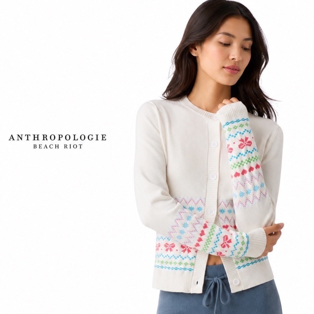 Anthropologie Beach Riot Fair Isle Cardigan Sweater Ivory Pink Blue Knit Medium‎